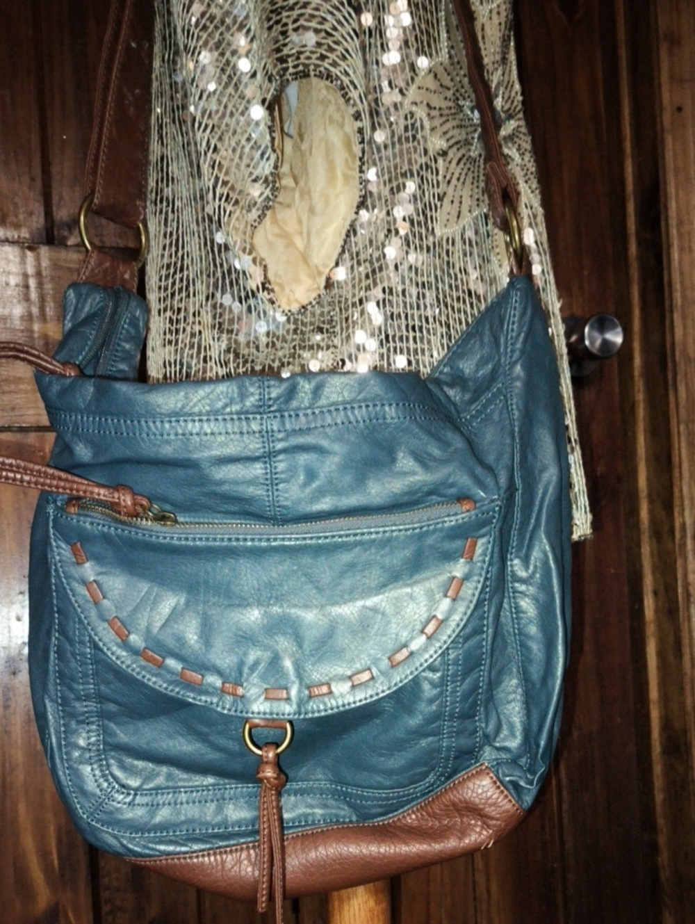 Bueno Teal Blue Leather Crossbody Bag with Brown Trim